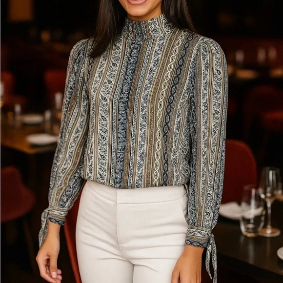 Free People Mock Neck Printed Top | Navy & Beige | Stretchy - Picture 9 of 12